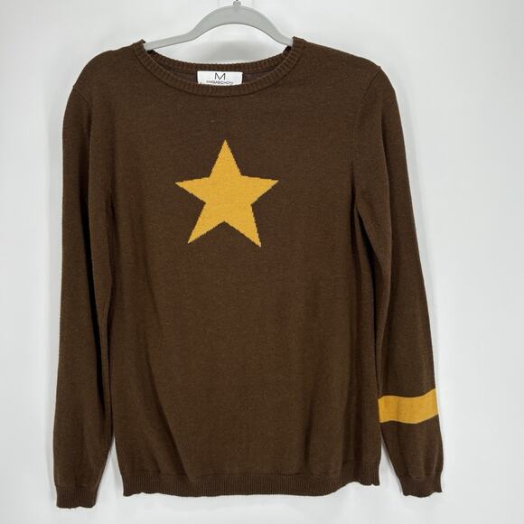 Magaschoni Sweater Womens Medium Brown Cashmere Blend Yellow Star Crewneck - Picture 2 of 6